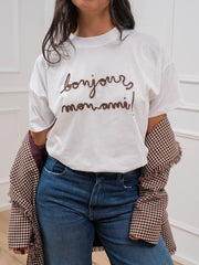 T shirt "Bonjour mon ami" ricamata moka - Vicolo