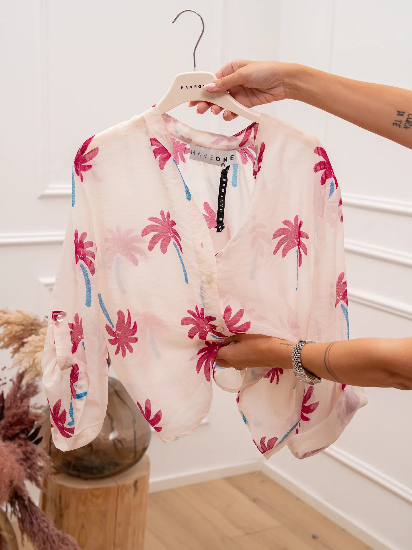 Camicia panna Palme fucsia in lyocell - HaveOne