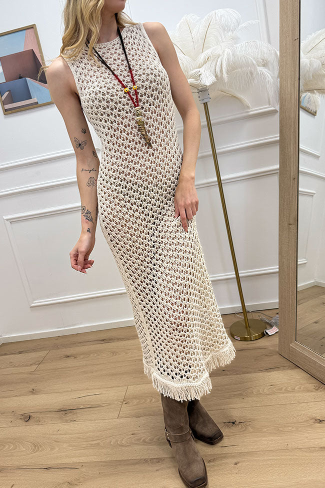 Vestito crochet punzonato burro frange sul fondo - HaveOne