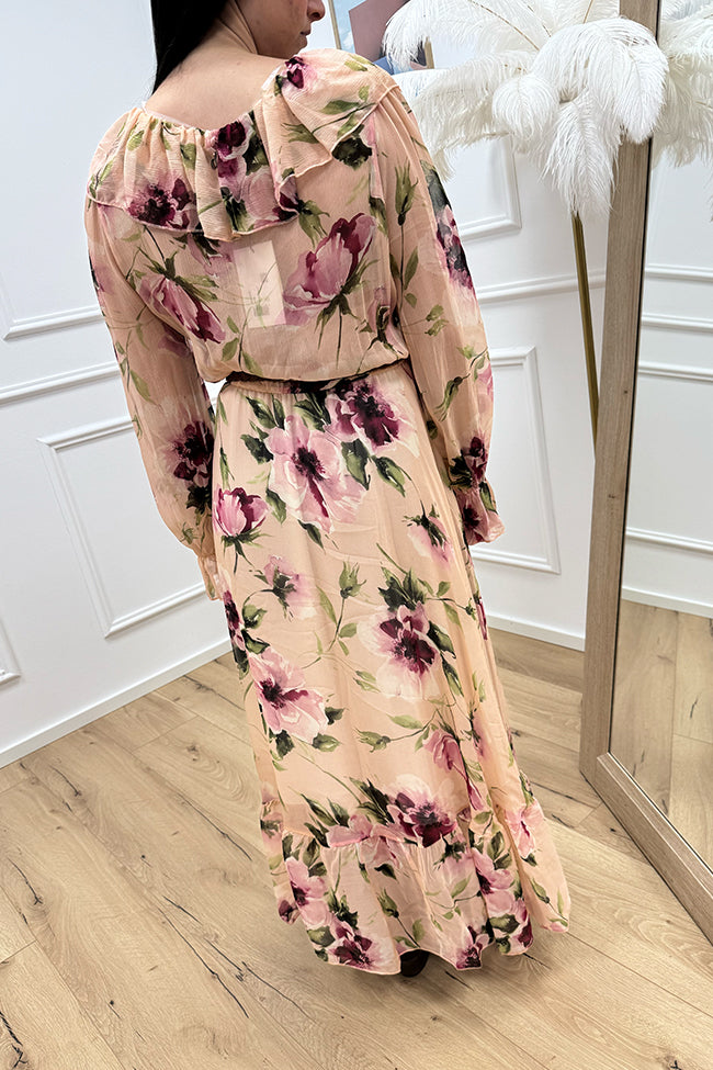 Vestito lungo blush floreale con rouches - Dixie