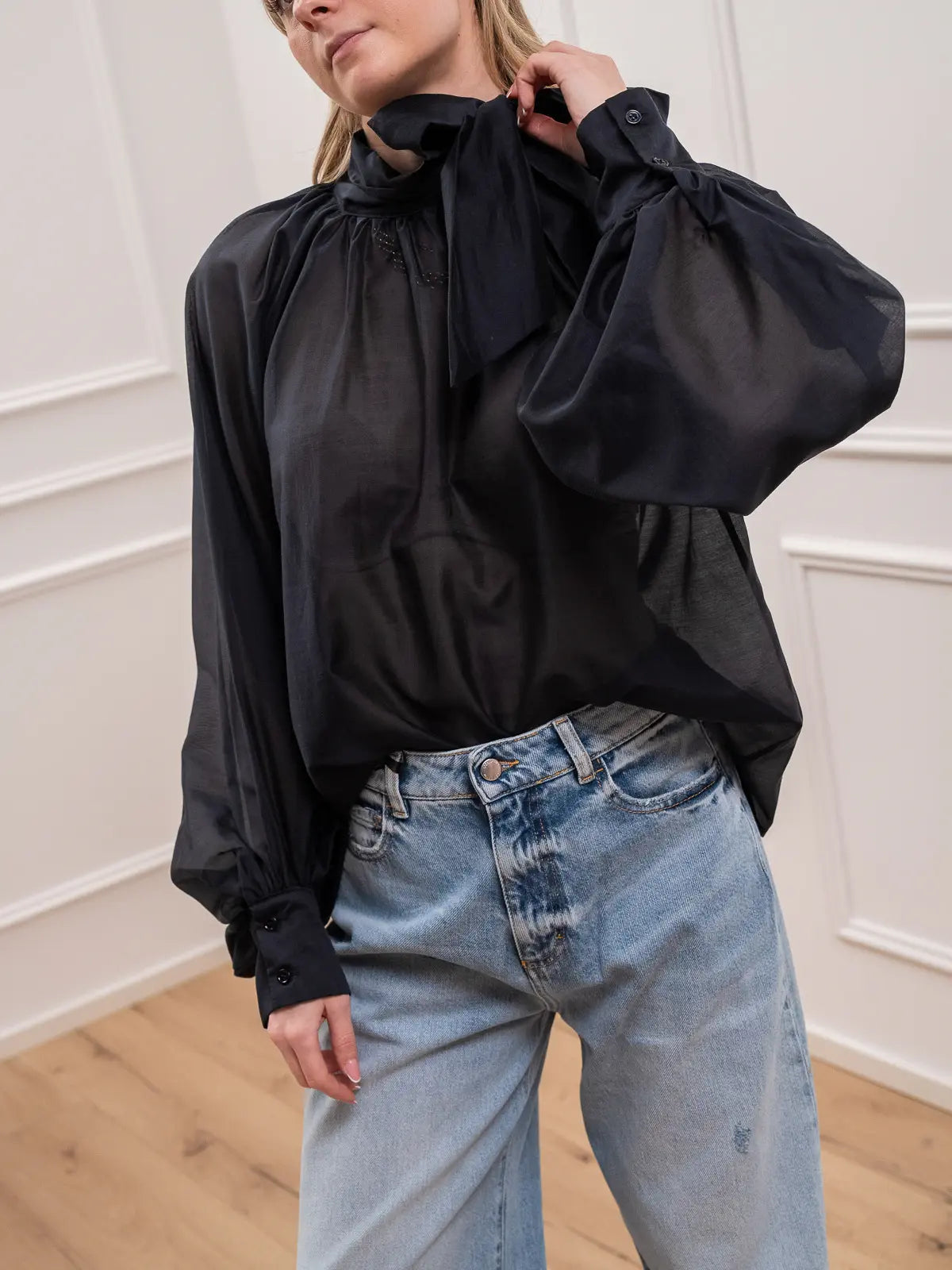 Camicia blu notte in lyocell con fiocco - Vicolo