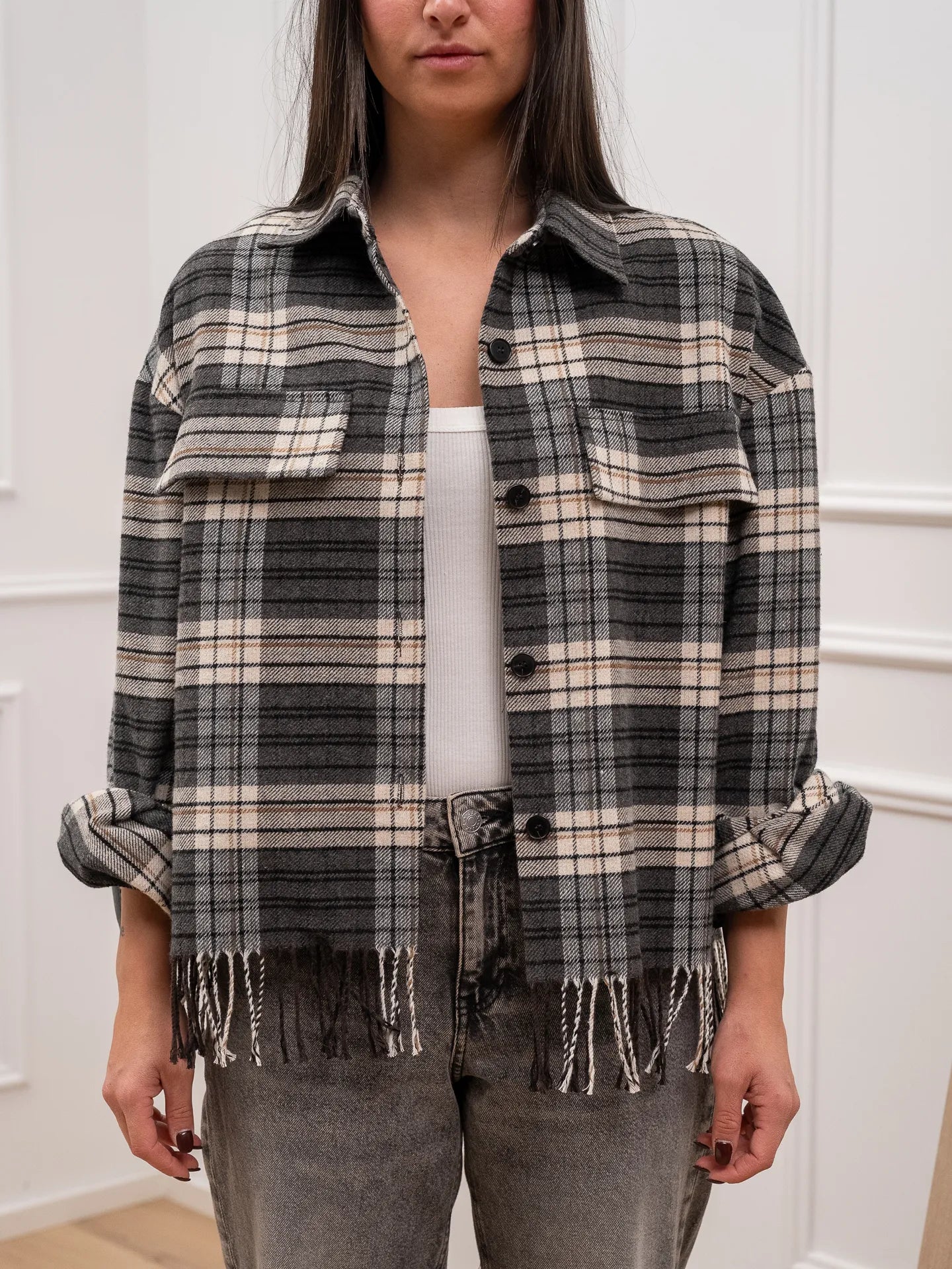 Giacca camicia in flanella check con frange - Vicolo