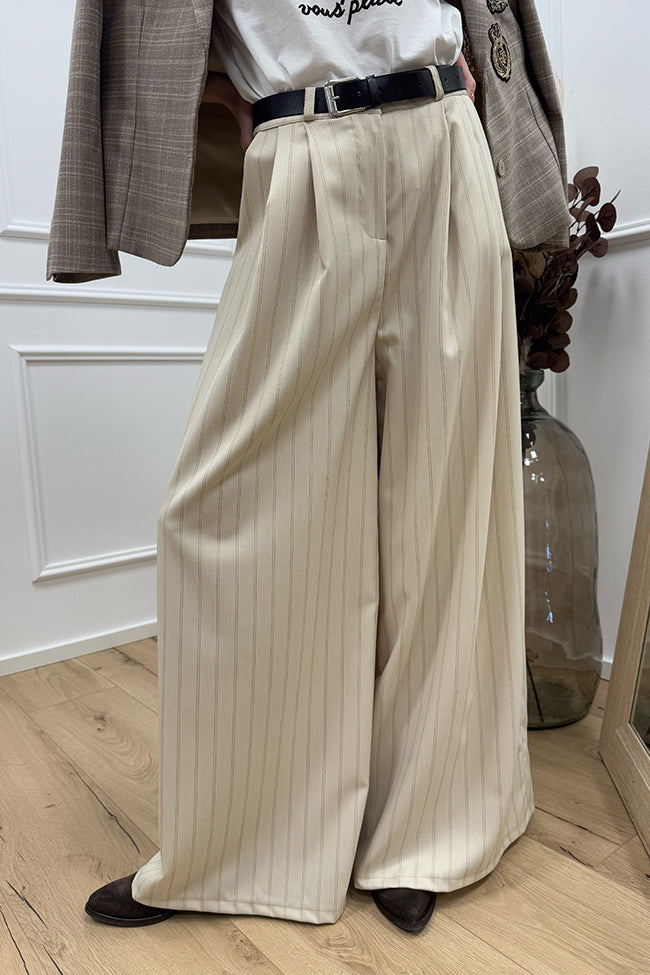 Pantaloni burro gessati a palazzo gamba ampia - HaveOne