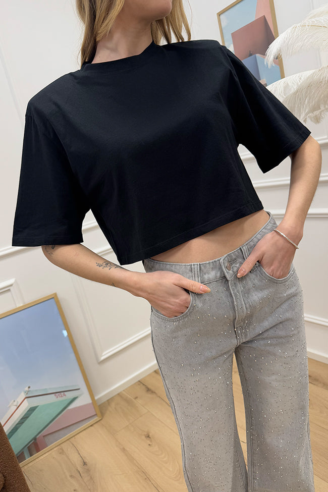 T shirt crop nera spalline imbottite - SoAllure