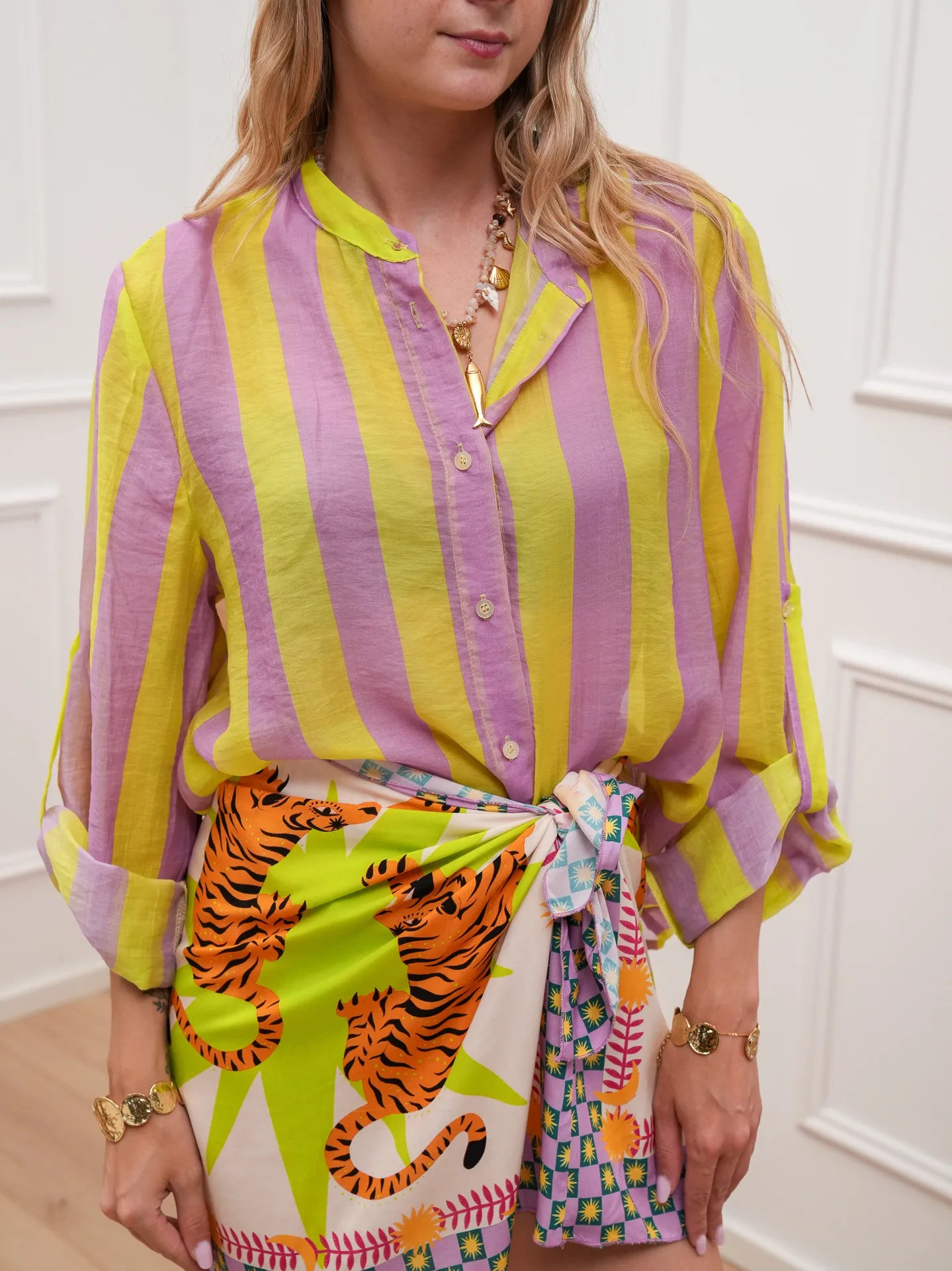 Camicia riga larga lilla e lime in lyocell - HaveOne