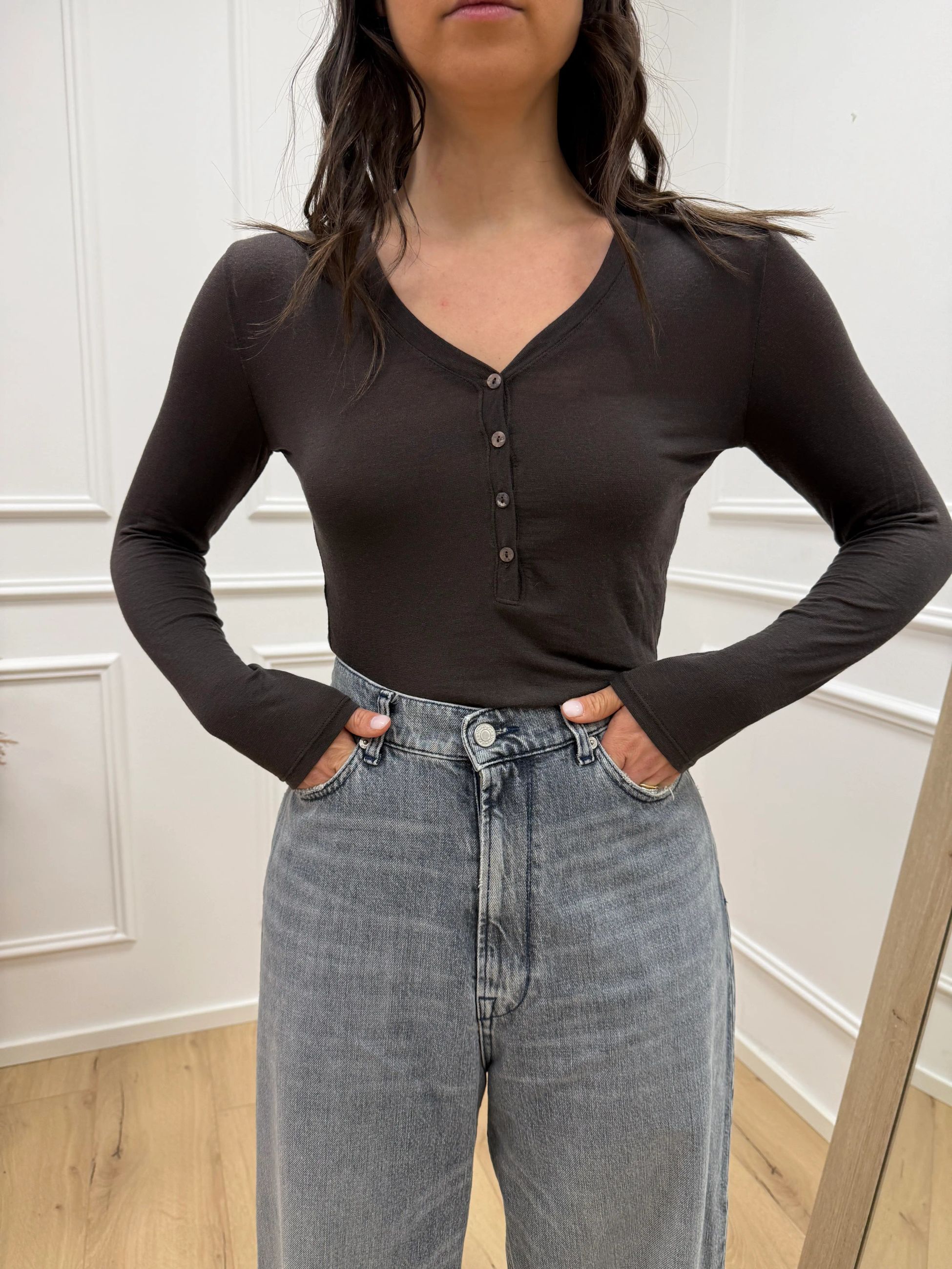 Maglia serafino sottile moro misto mohair - HaveOne