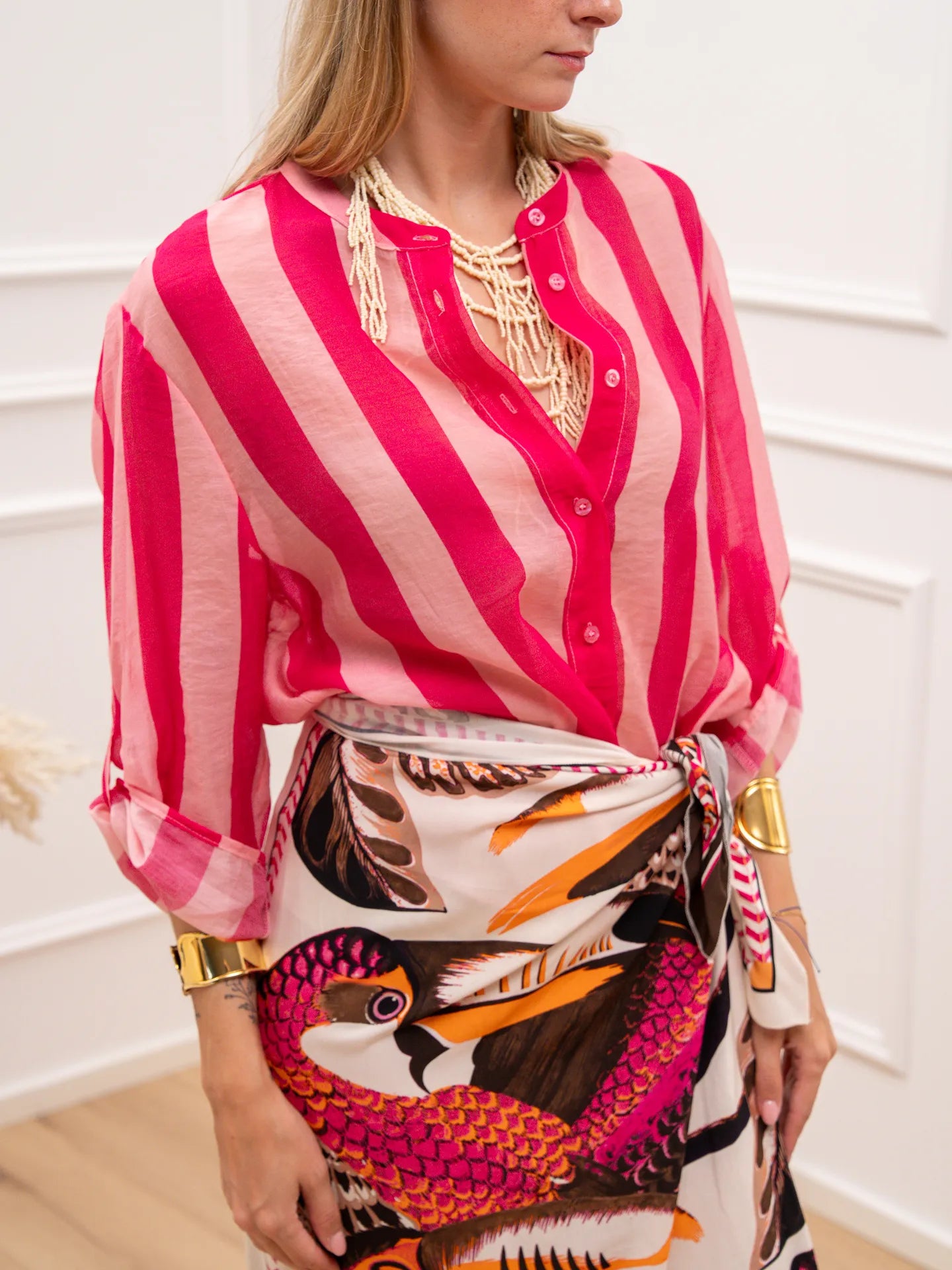 Camicia riga larga rosa chiaro e fucsia in lyocell - HaveOne