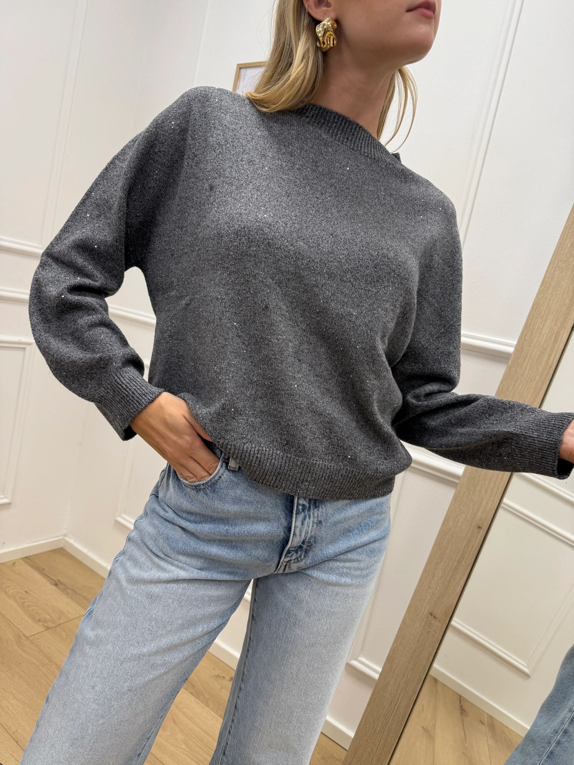 Maglia girocollo grigia micropaillettes - HaveOne