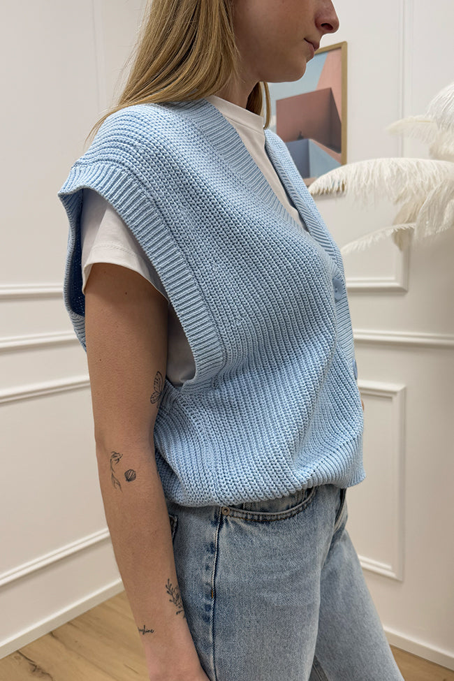 Gilet maxi celeste a tre bottoni - HaveOne