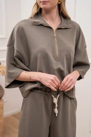 Felpa soft touch kaki mezza manica con zip - Vicolo