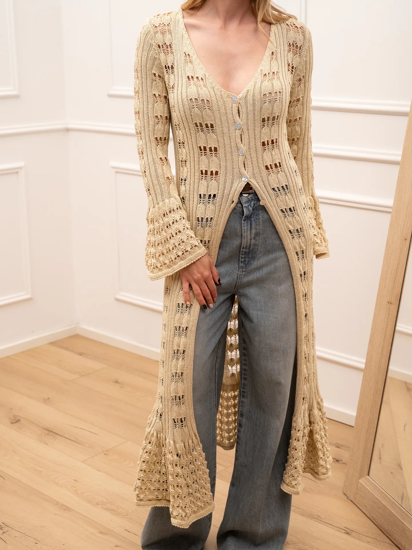 Maxi cardigan Pietrasanta crochet sabbia - Crispy