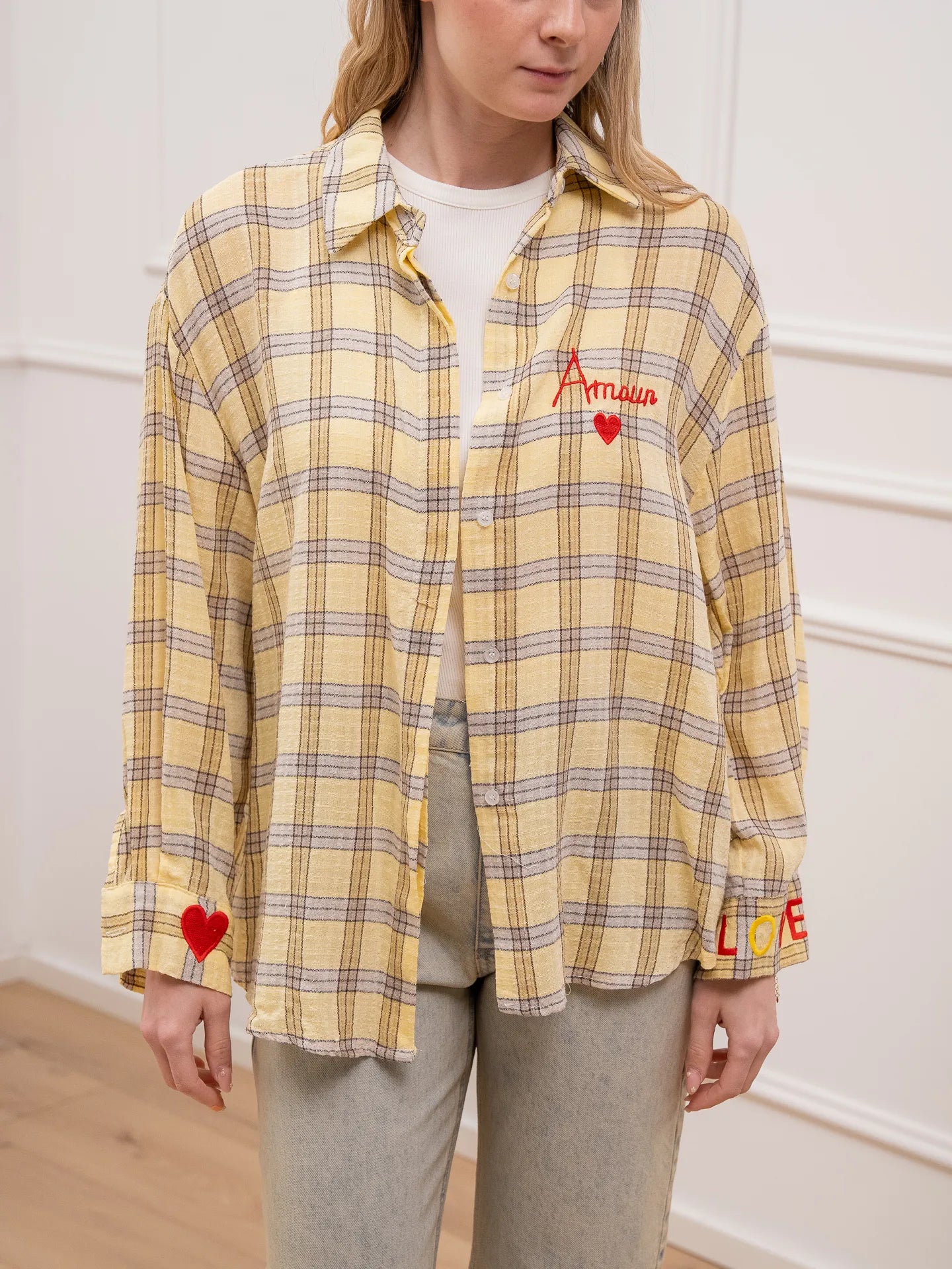 Camicia check giallina ricami Amour - Crispy