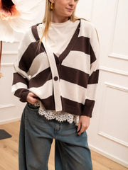 Cardigan morbido rigato moro e latte con laccio - HaveOne