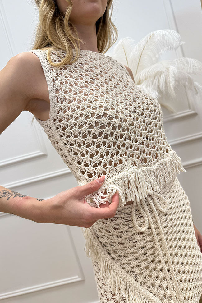 Canotta crochet punzonato burro frange sul fondo - HaveOne