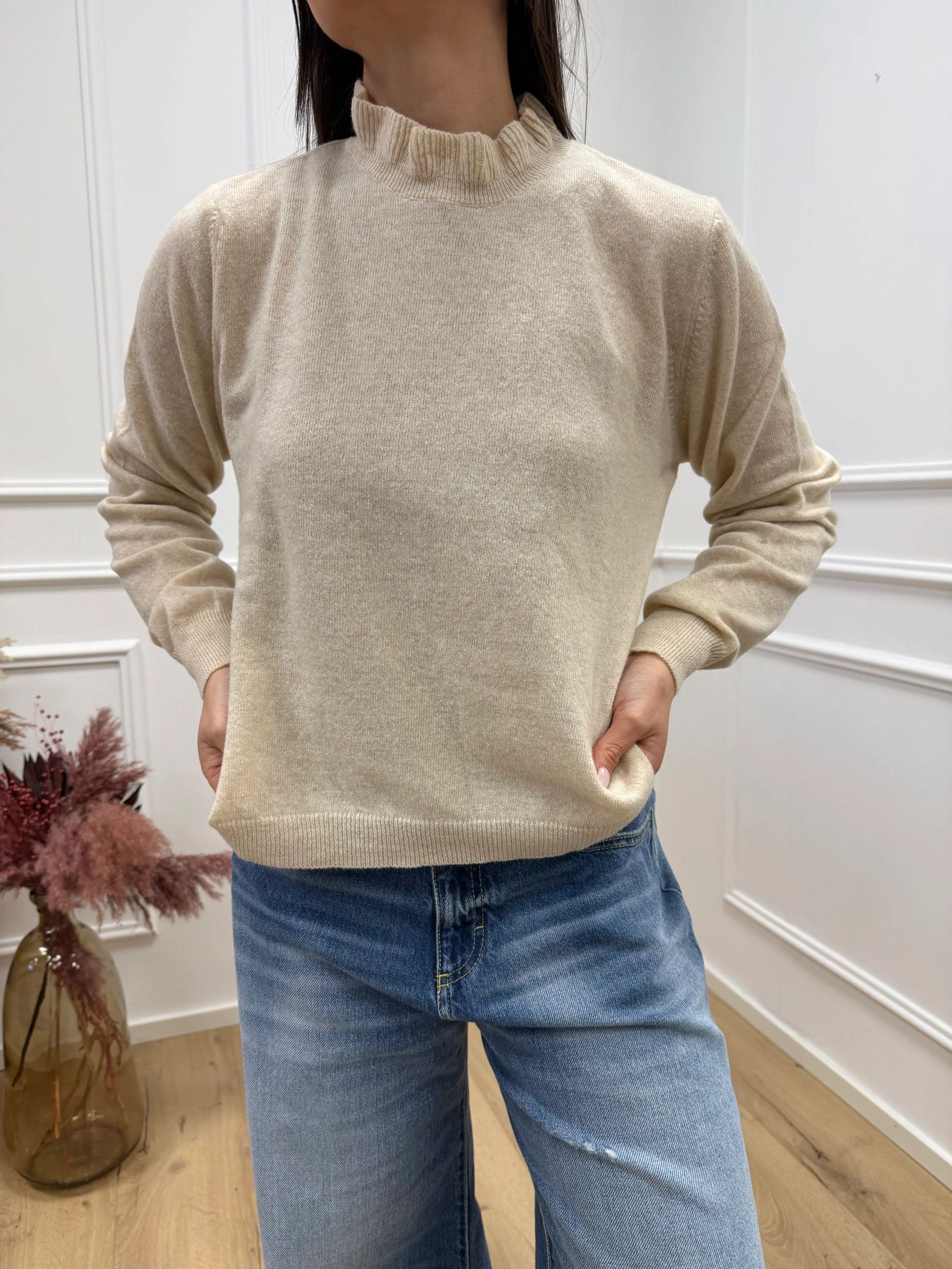 Maglia collo rouches beige 80% lana - HaveOne