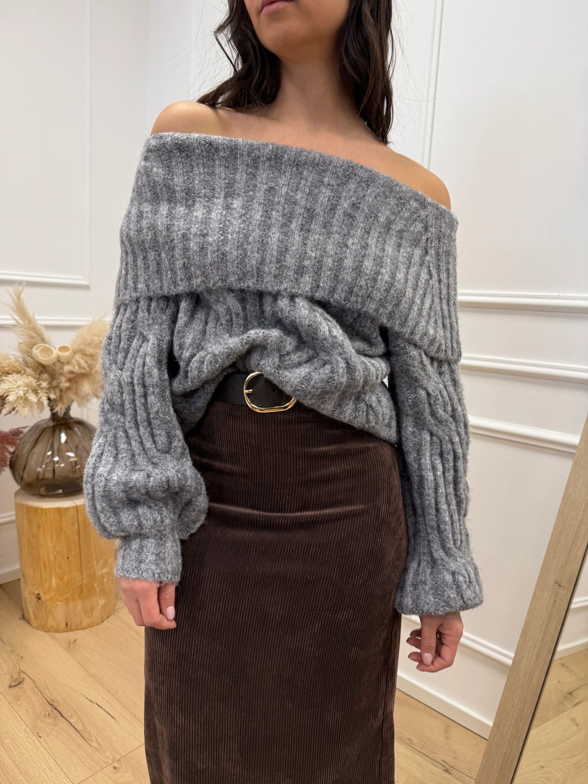 Maglia maxi scollo shiffer grigio a coste - HaveOne