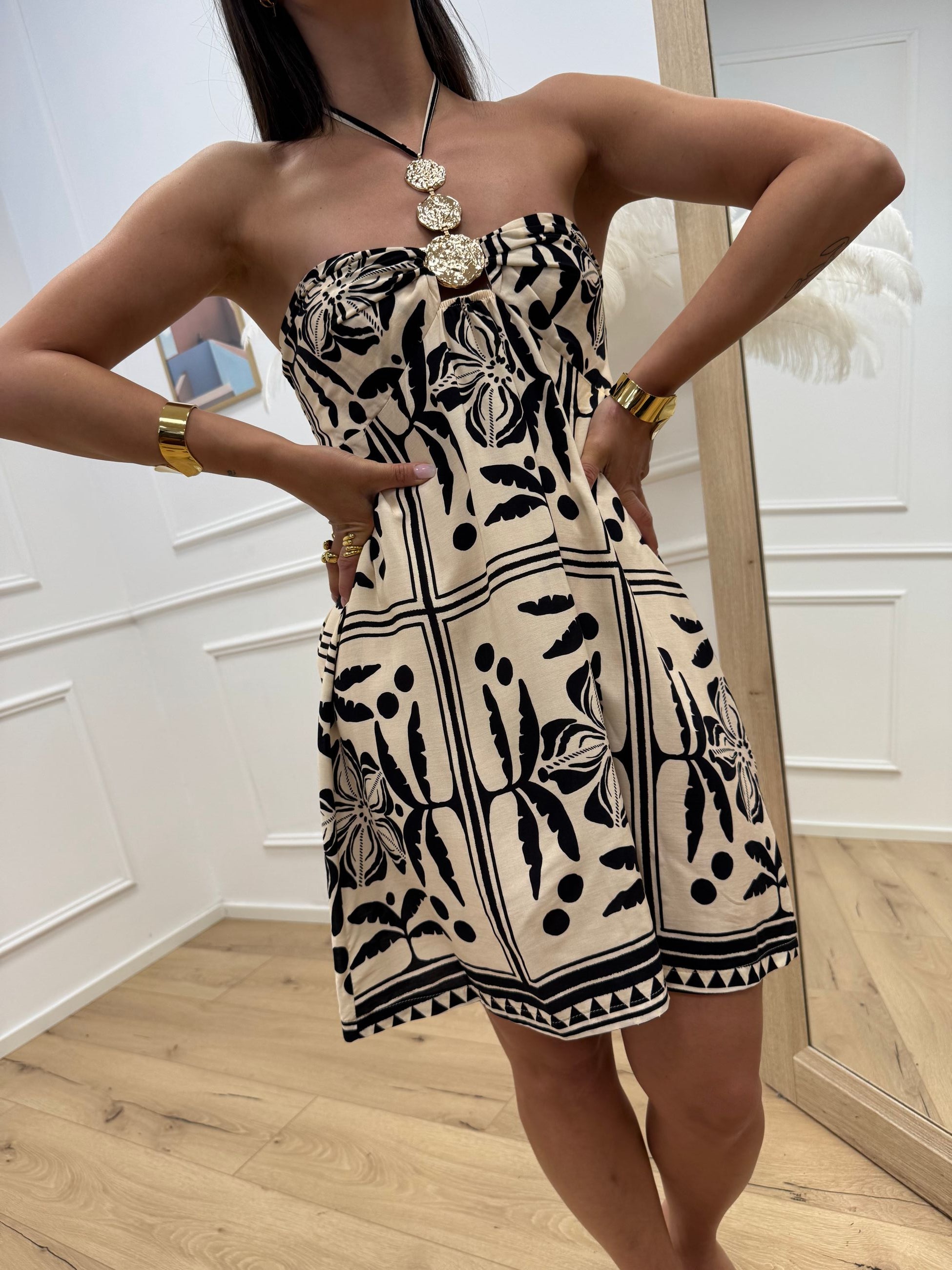 Vestito mini Botanique panna e nero - HaveOne