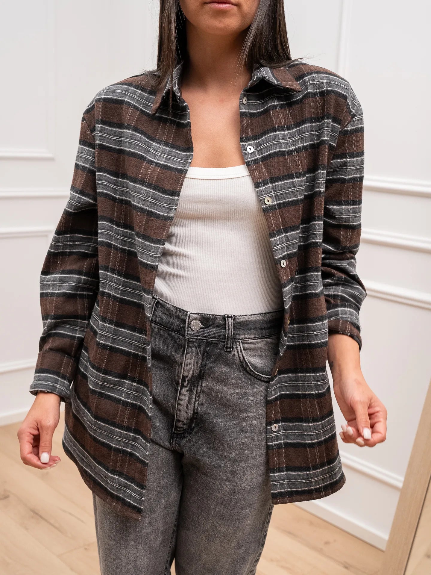 Maxi camicia check in flanella con spalla imbottita - Vicolo