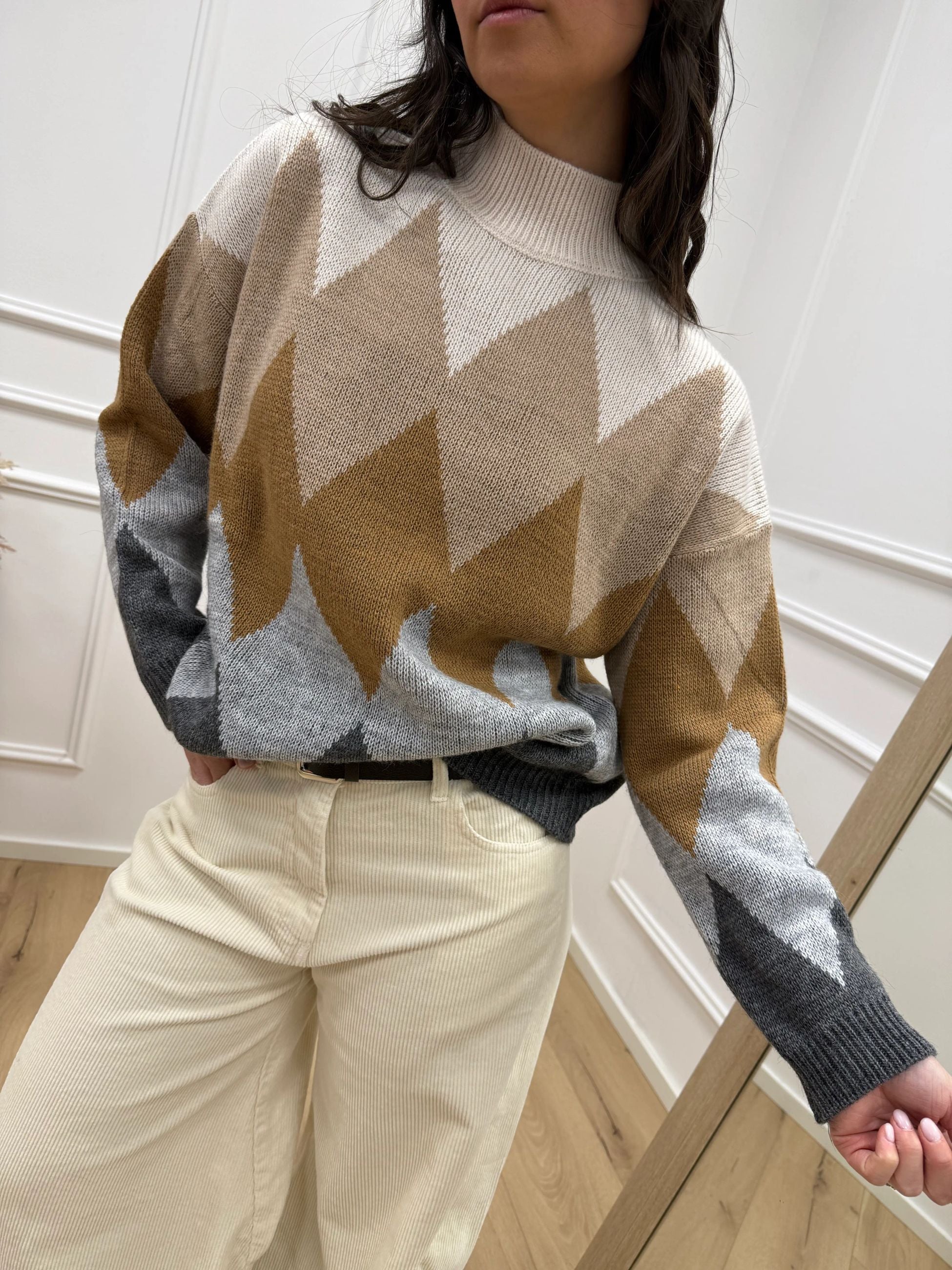 Maglia collo alto a rombi panna, antracite, cuoio e grigio - HaveOne