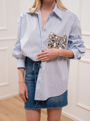 Camicia celeste riga moro tasca paillettes - Tensione In