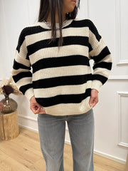 Maglia girocollo rigata nero e crema - HaveOne