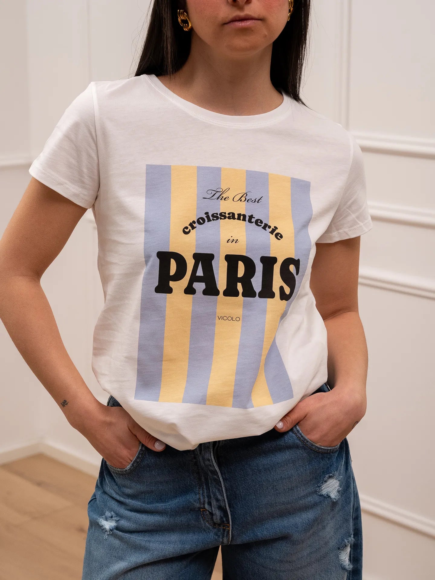 t shirt stampa Croissanterie celeste e gialla - Vicolo