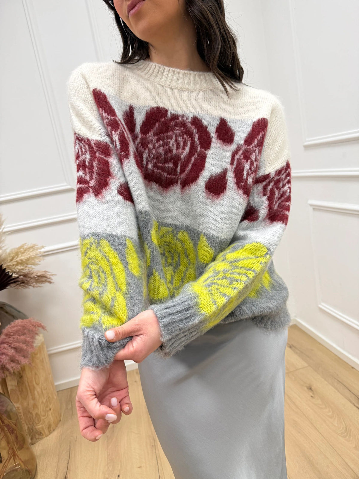 Maglia jacquard righe e fiori grigio, lime, perla, panna, vino - HaveOne