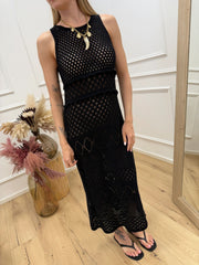 Vestito lungo traforato nero con mini rouches - HaveOne