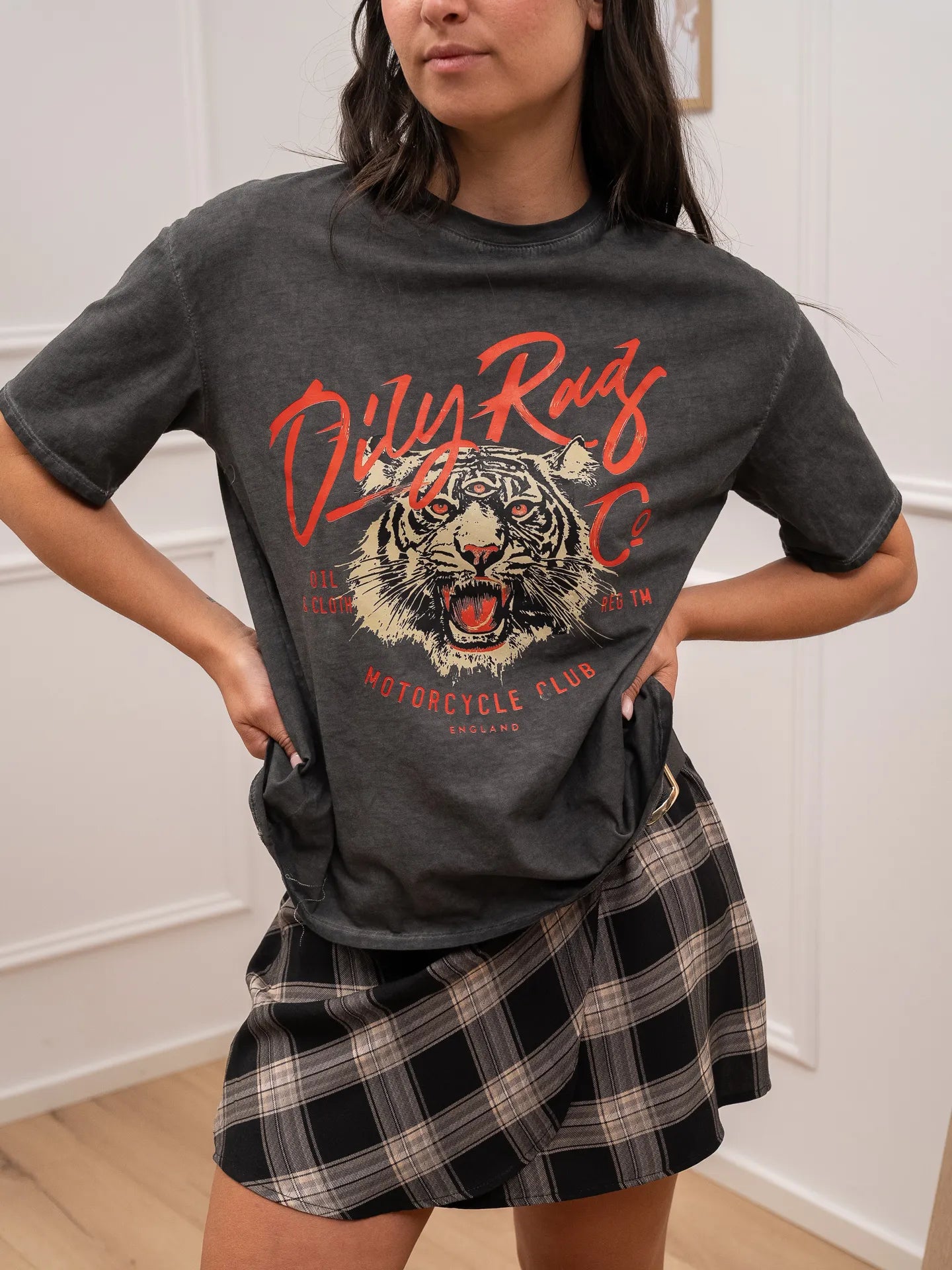 T shirt grigio slavato stampa tigre "Motorcycle" - HaveOne