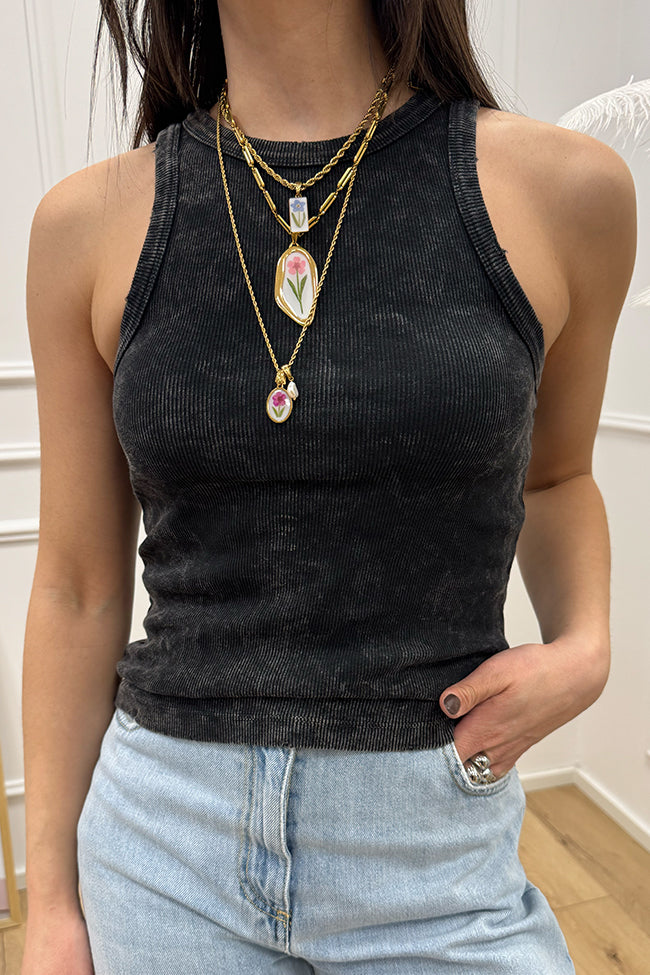 Canotta basic nero stonewash con rotture - Vicolo