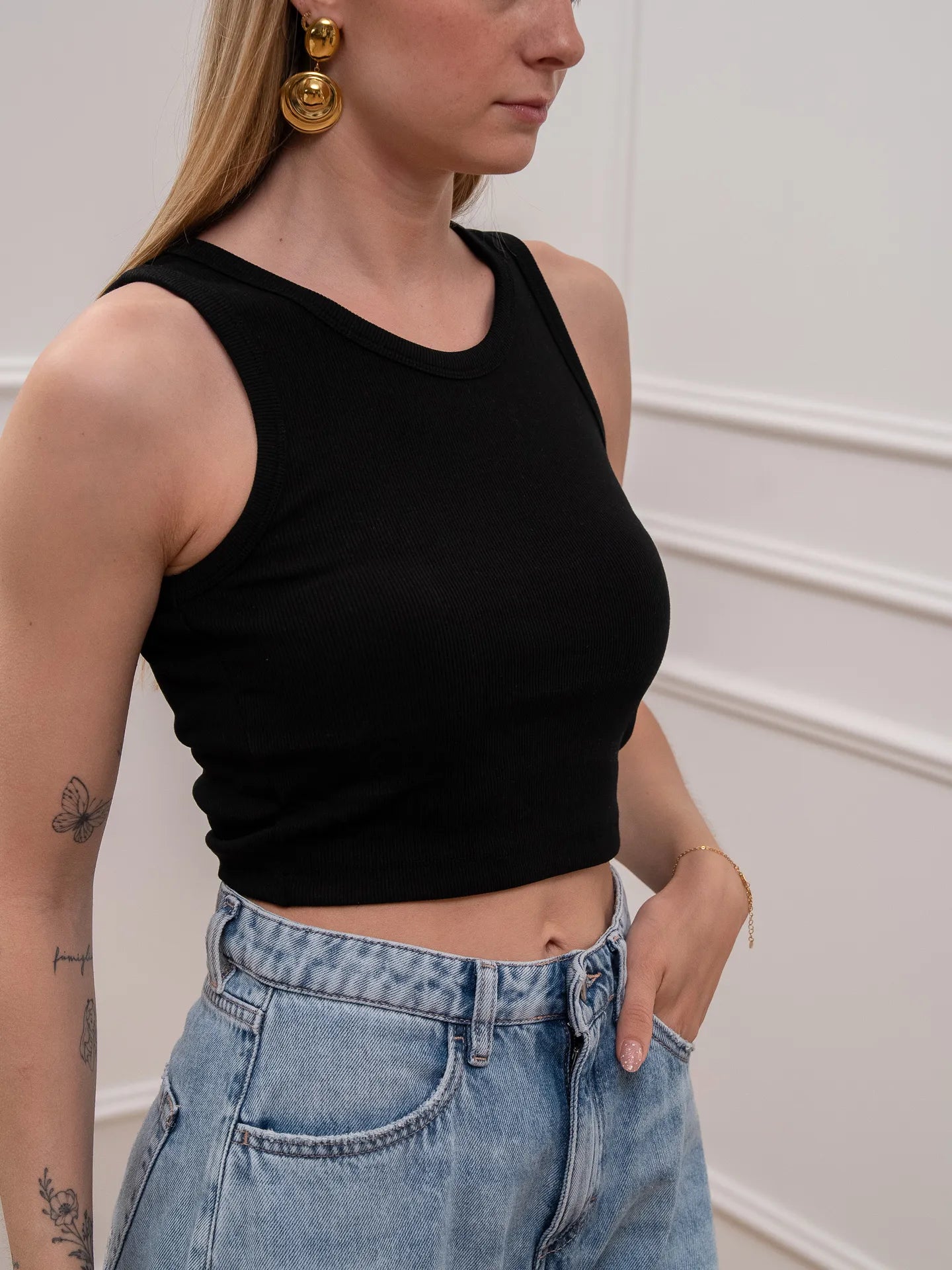 Canotta Fallon crop nera a costine - JJXX