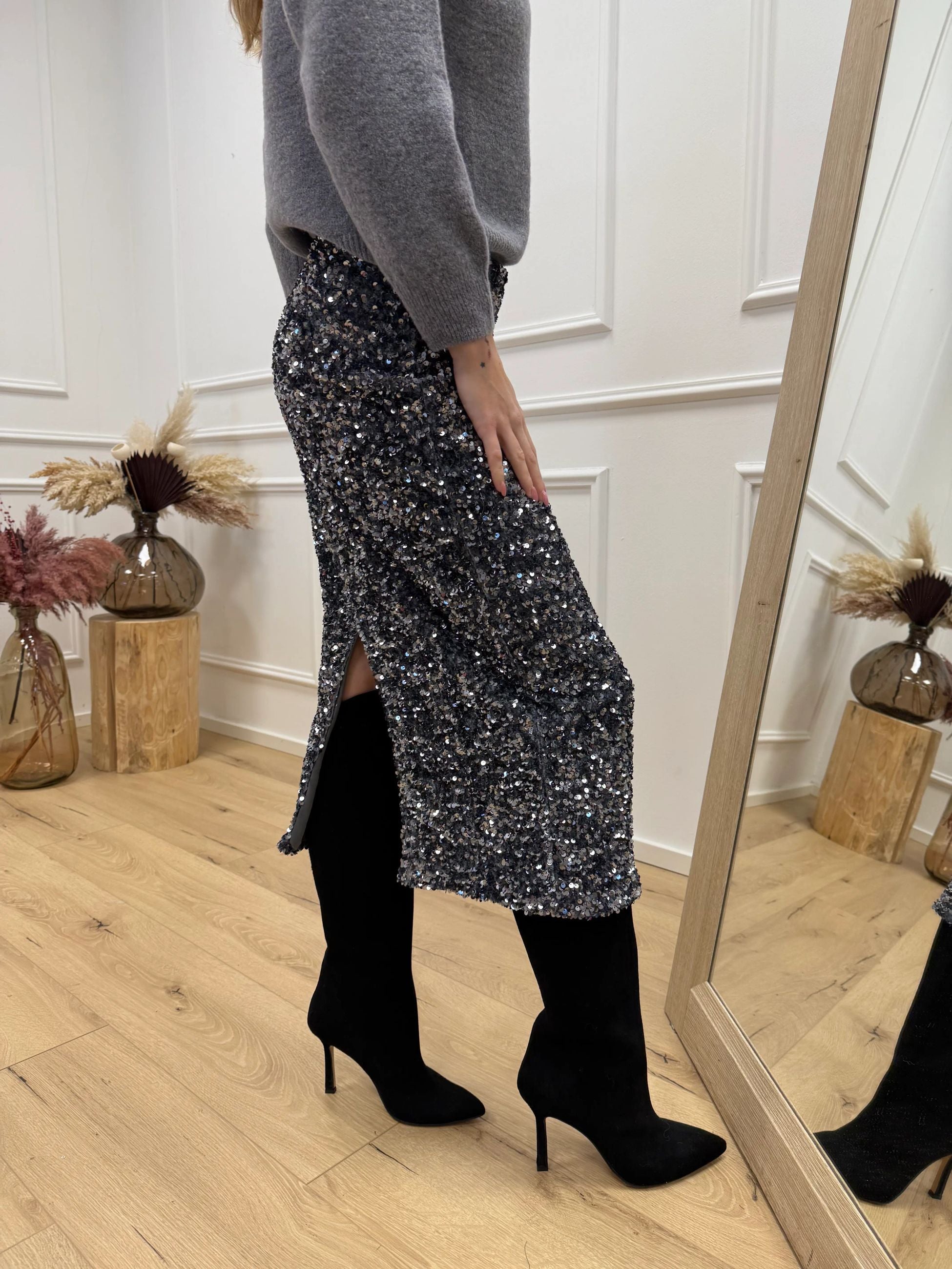 Gonna midi fumo in ciniglia e paillettes - Vicolo