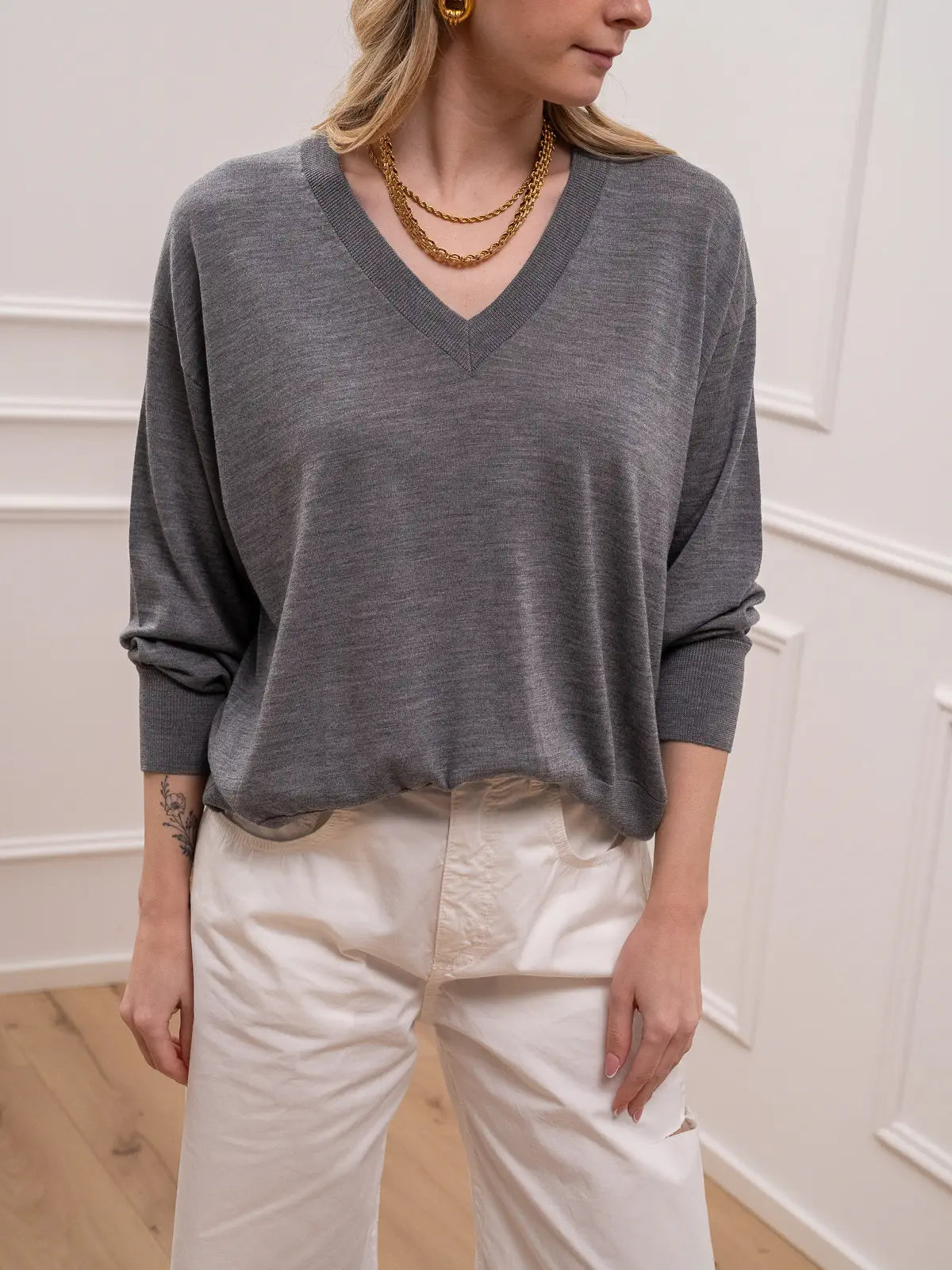 Maglia scollo a v grigio mélange 100% lana - Vicolo