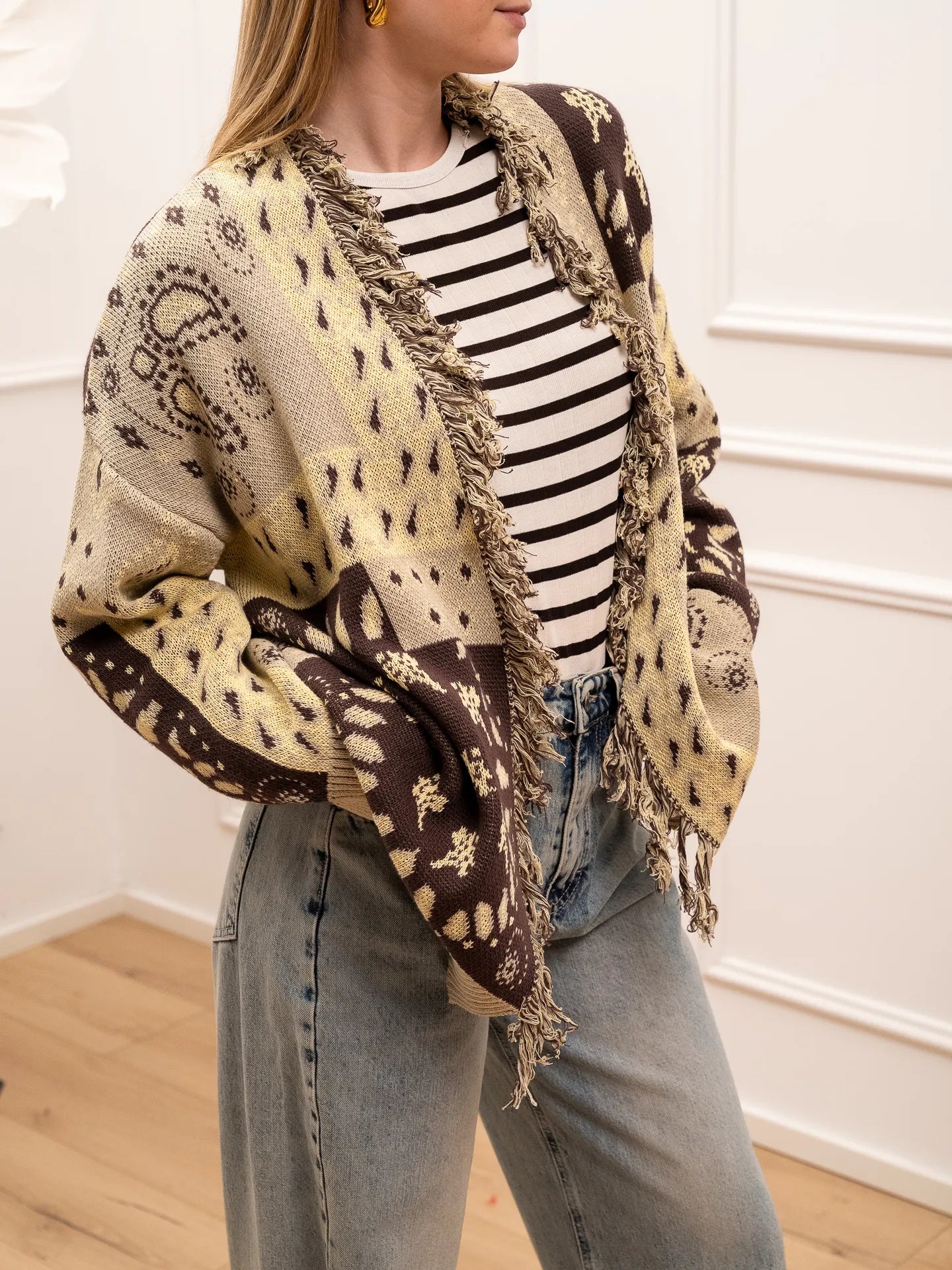 Cardigan patchwork sabbia, moro e giallo sfrangiato - HaveOne