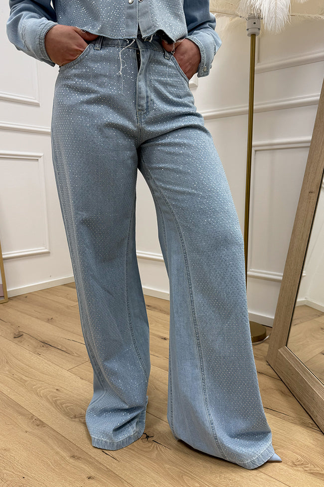 Jeans wide leg in denim chiaro con strass - HaveOne