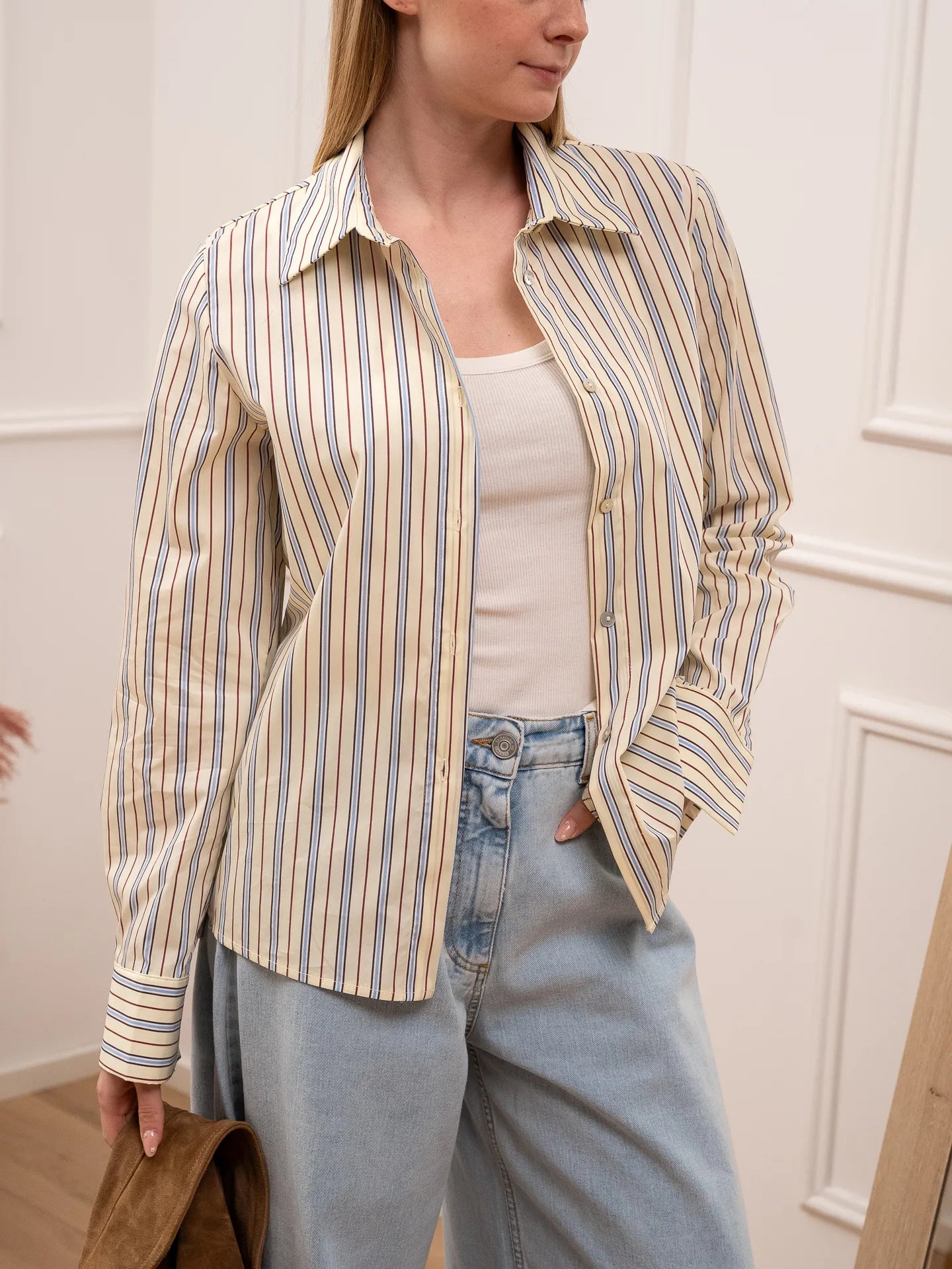 Camicia giallina rigata celeste e tabacco - Tensione In