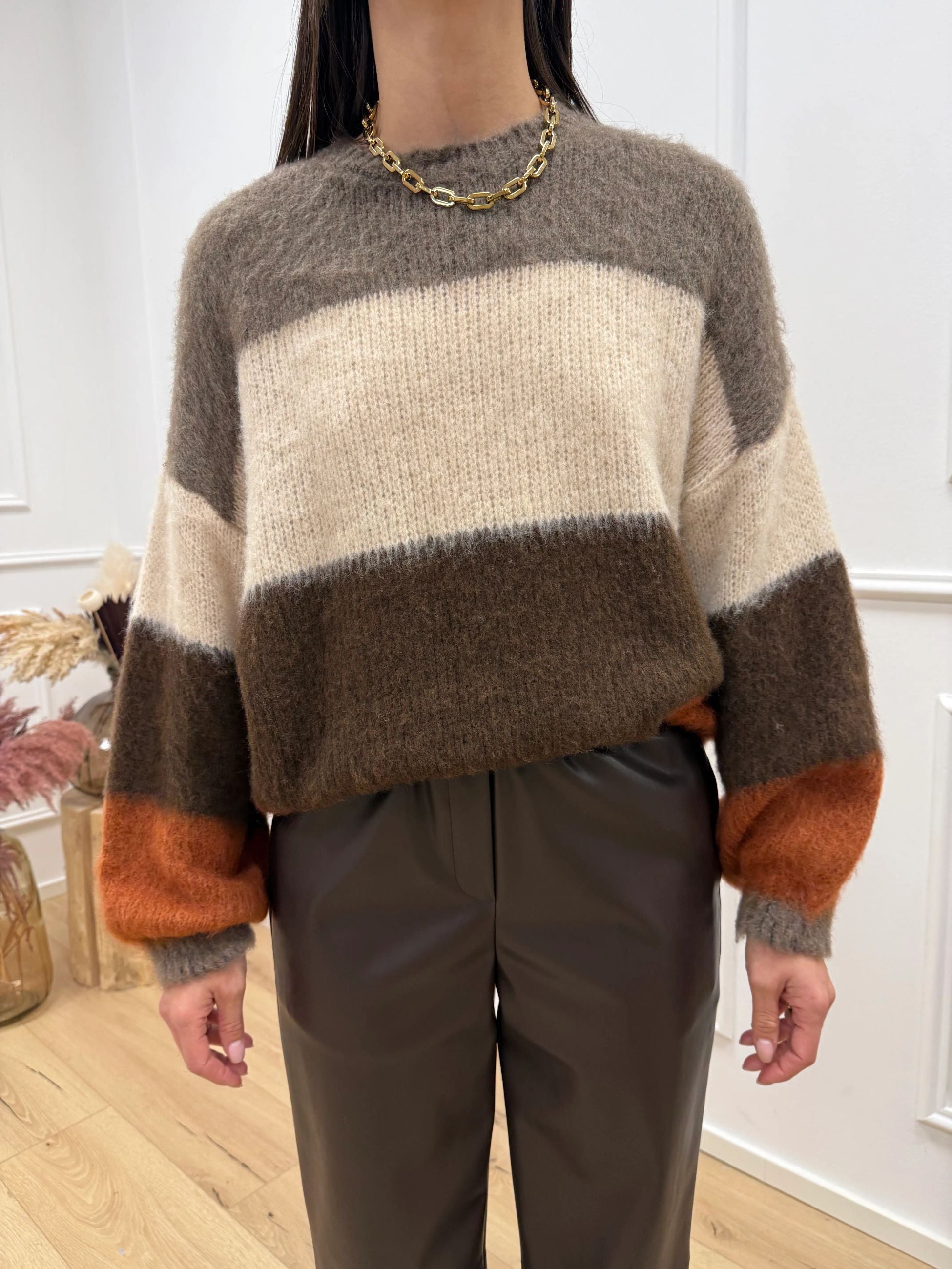 Maglia garzata a righe coccio, beige, moro e tortora - HaveOne