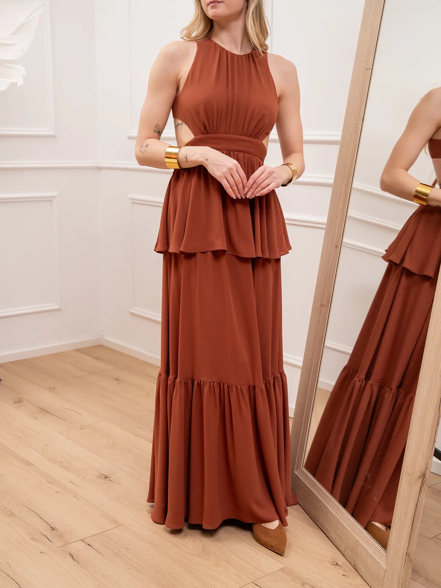 Vestito lungo tabacco con volant - Silence Limited