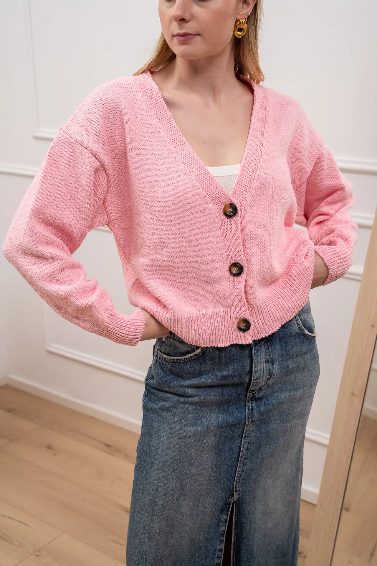 Cardigan basic rosa tre bottoni - Vicolo