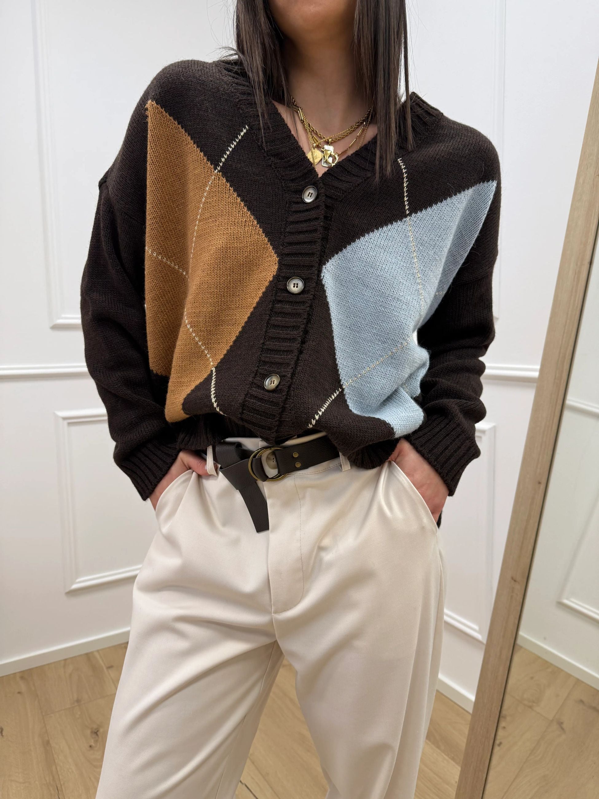 Cardigan maxi losanghe moro, nocciola e celeste - HaveOne