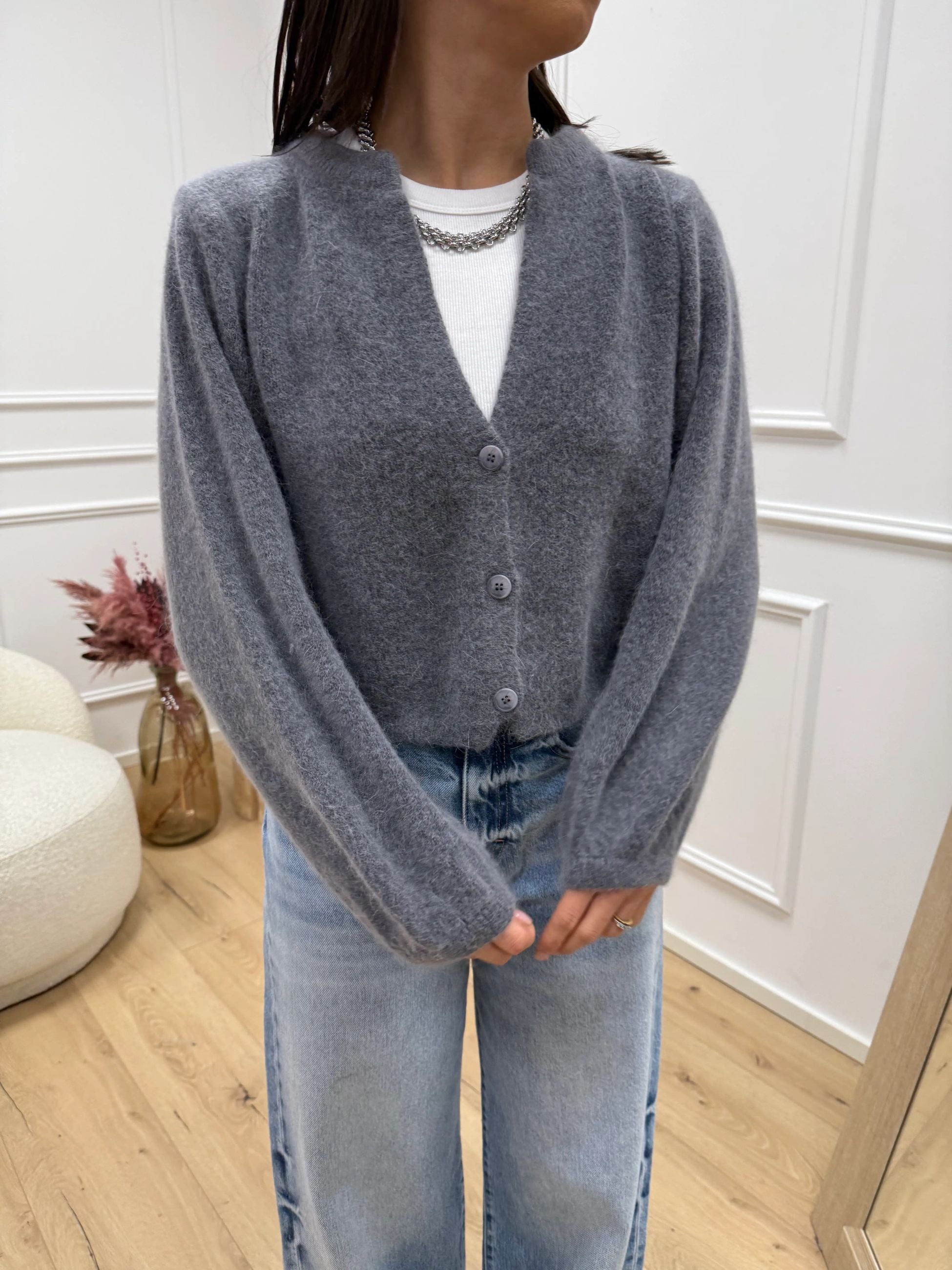 Cardigan misto angora grigio con spalle imbottite - Dixie