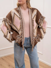 Cardigan etnico frangette rosa, camel e moro - Tensione In