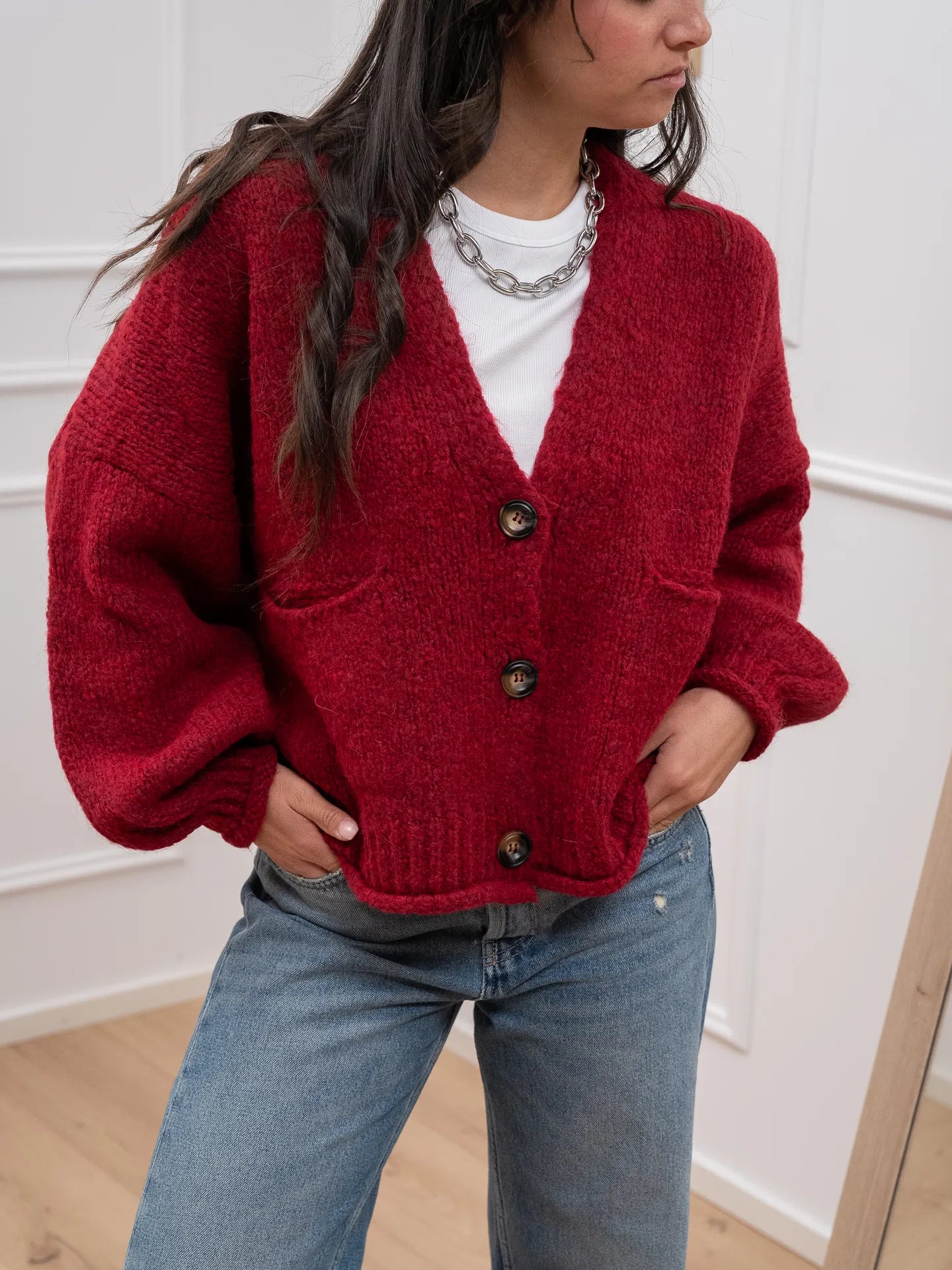Cardigan rosso a tre bottoni con taschine - HaveOne