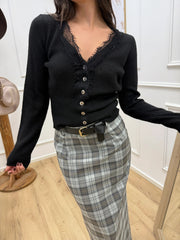 Cardigan nero scollo a v con pizzo - HaveOne