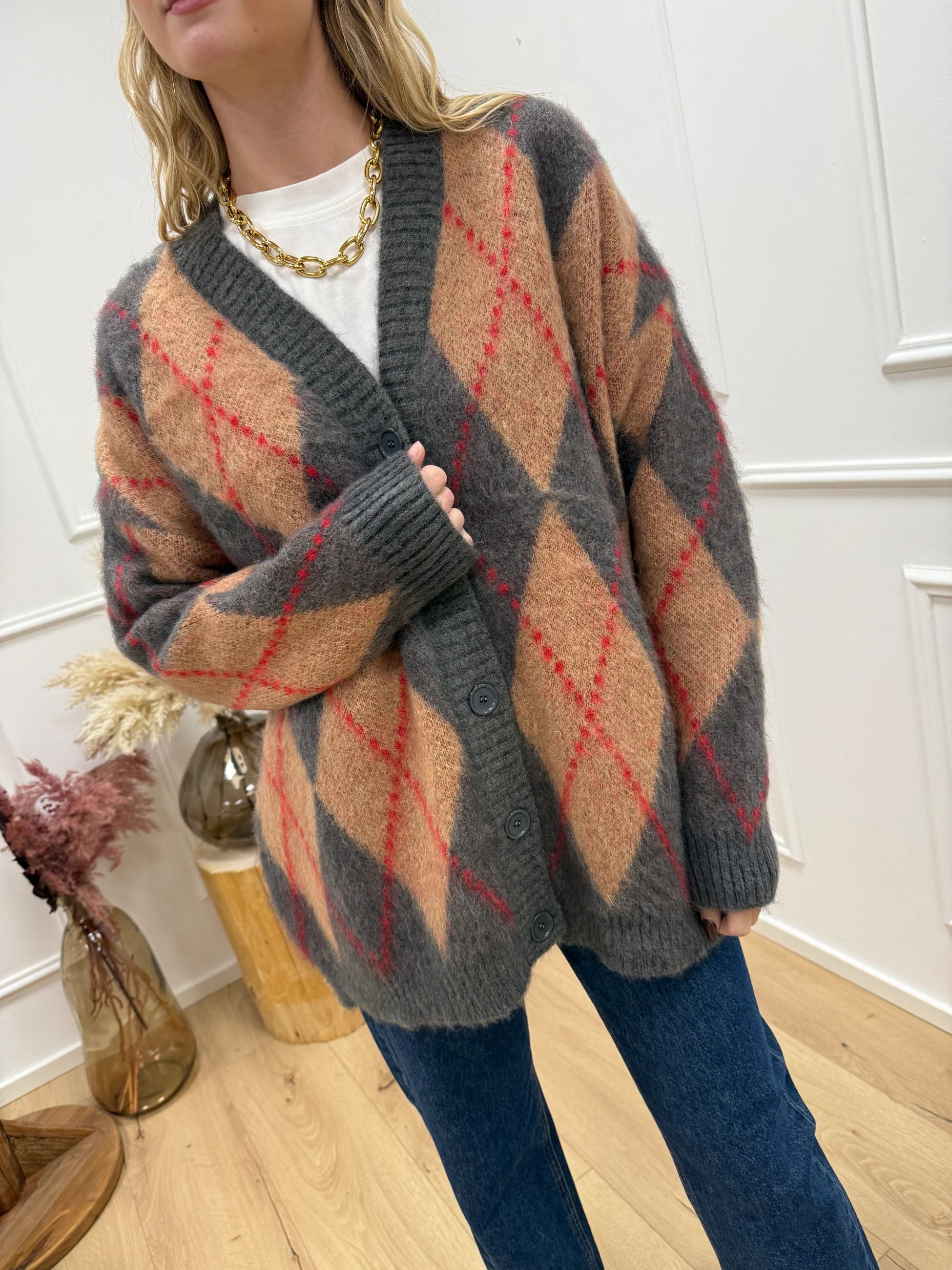 Cardigan over rombi antracite, biscotto e rosso - Kontatto