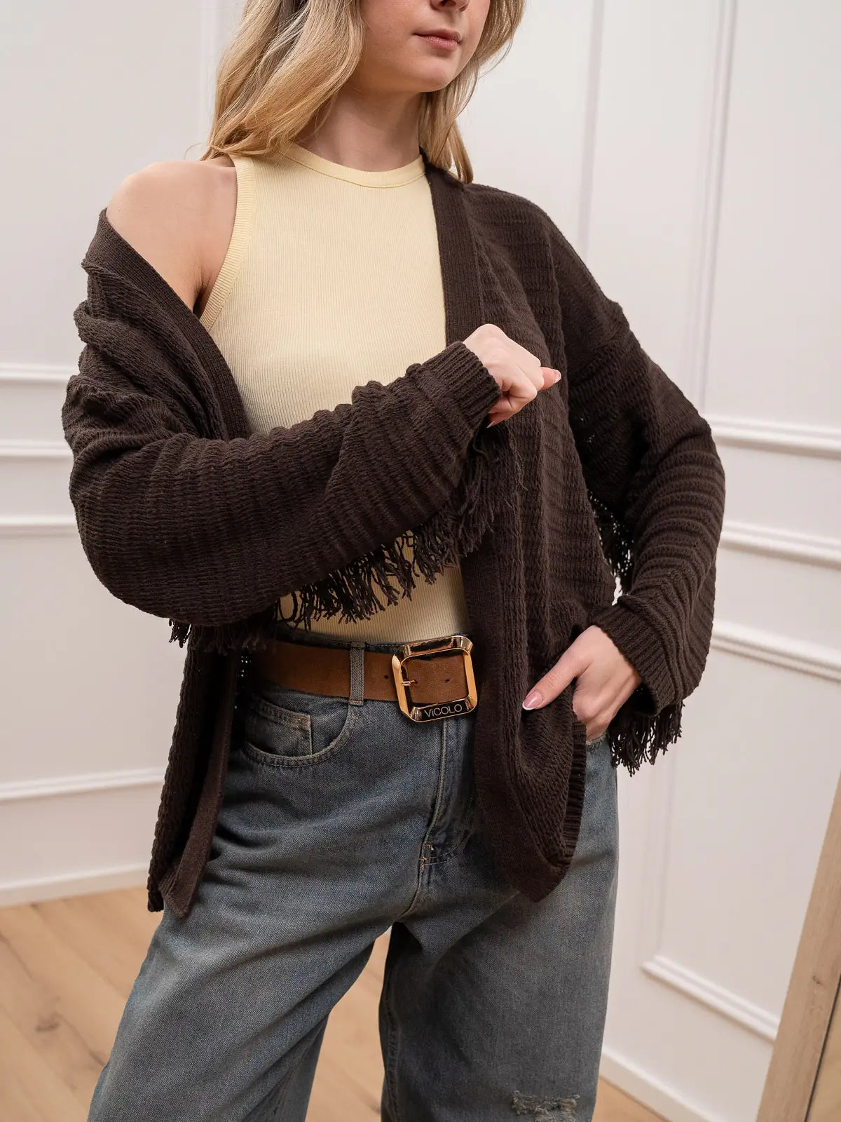 Cardigan cioccolato con frange e cintura in corda - Kontatto