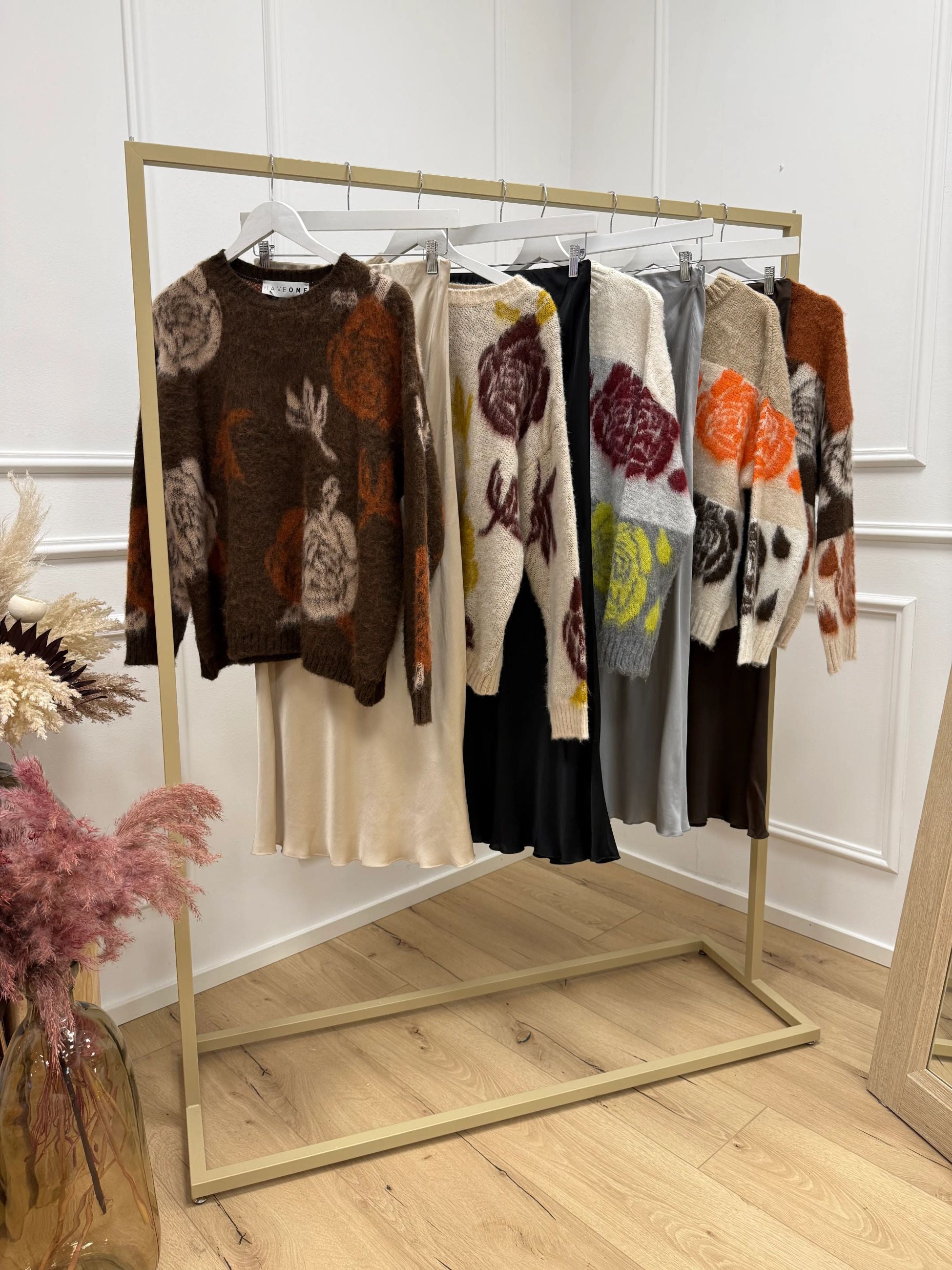 Maglia jacquard righe e fiori panna, moro, beige, arancio e mastice - HaveOne