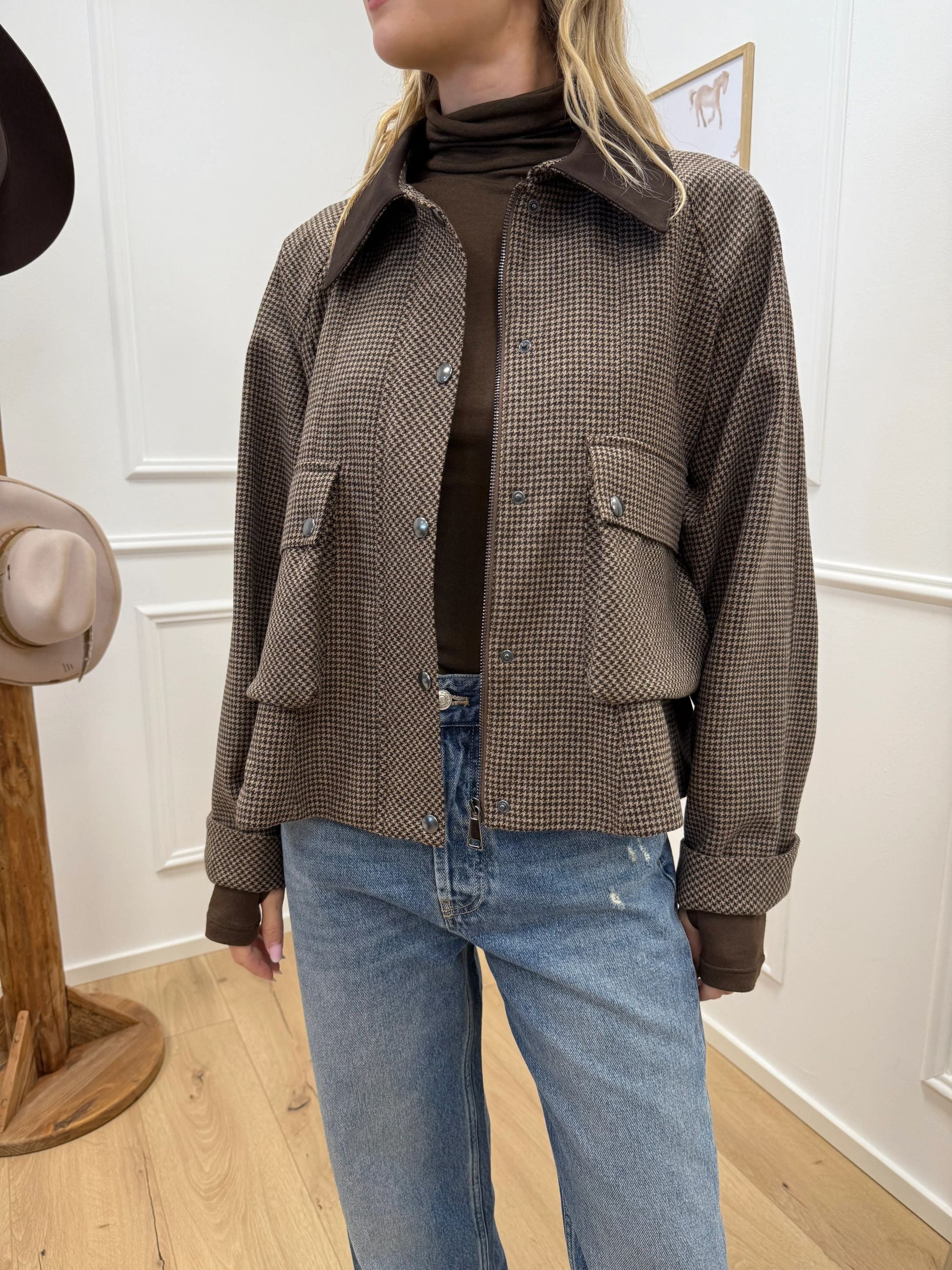Bomber pied de poule beige, moro in lana - Dixie