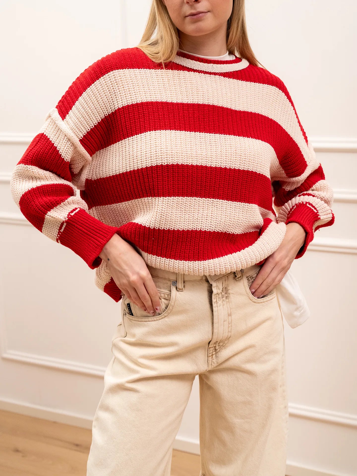 Maglia girocollo rigata rosso e panna fit over - HaveOne