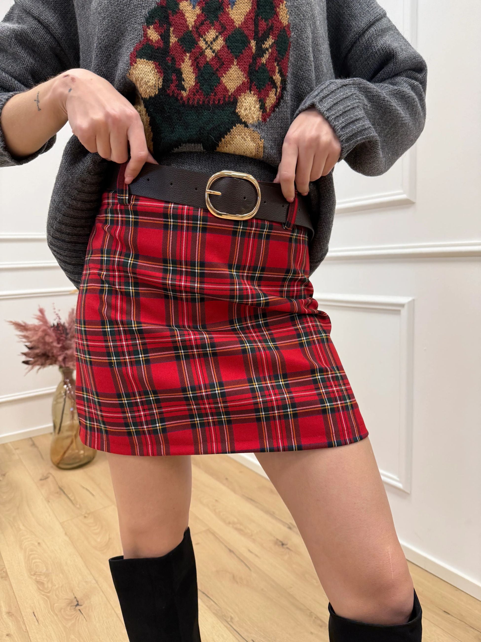 Gonna mini tartan rossa con cintura - HaveOne